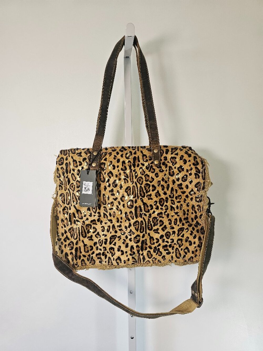 Myra Bag Weekender Leopard Hair on Hide Canvas Boho Western Travel NWT